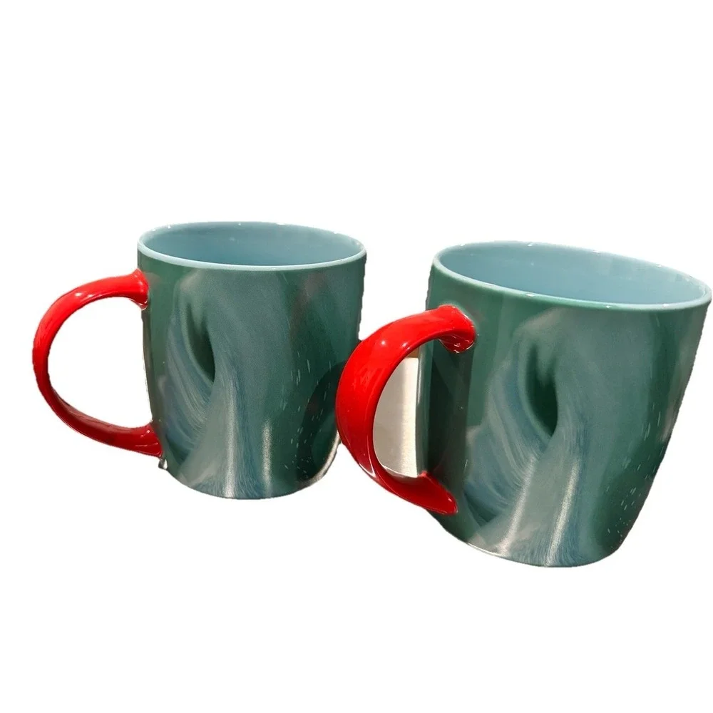 Set Of 2 Starbucks 2024 Holiday Mug Set Green Blue Ombré Swirl Red Handle 11oz - Picture 2 of 4